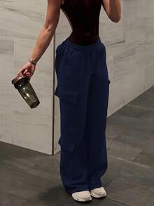 女士休闲口袋直筒宽松工装裤，适合日常通勤 - 藏蓝色 - 查看 4