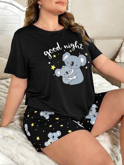 Plus Size Women's Pajama Set, Navy Blue Cartoon Koala Print, Short Sleeve Shorts, Loose Casual Comfortable, Suitable For Summer