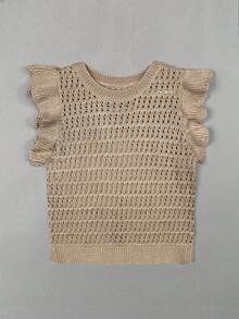 Women's Crochet Striped Knit Sleeveless Top, Lightweight Round Neck Ruffle Hem Short Sleeve Blouse Summer - Khaki - View 8