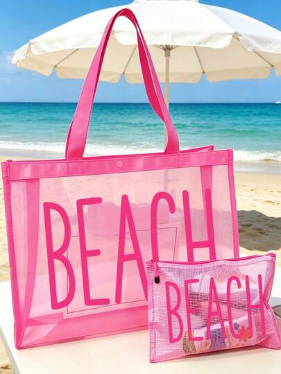 2pcs Large Capacity Mesh Beach Bag Set - Foldable Waterproof & Sandproof Mesh Tote With Color "Beach"Printing And Matching Mesh Makeup Storage Pouch. Breathable Lightweight Reusable Swim & Pool Tote, Multi-Pocket Organizer For Towels, Sunscreen, Snacks, Bikinis, And Beach Essentials, Swimwear, Groceries & Make Up. Perfect Swimming/Travel/Vacation/Diving Bag, Summer Essentials & Gift For Her, Perfect Gift And Souvenir For Birthdays, Holidays, Parties, Weddings (Bridesmaids)
