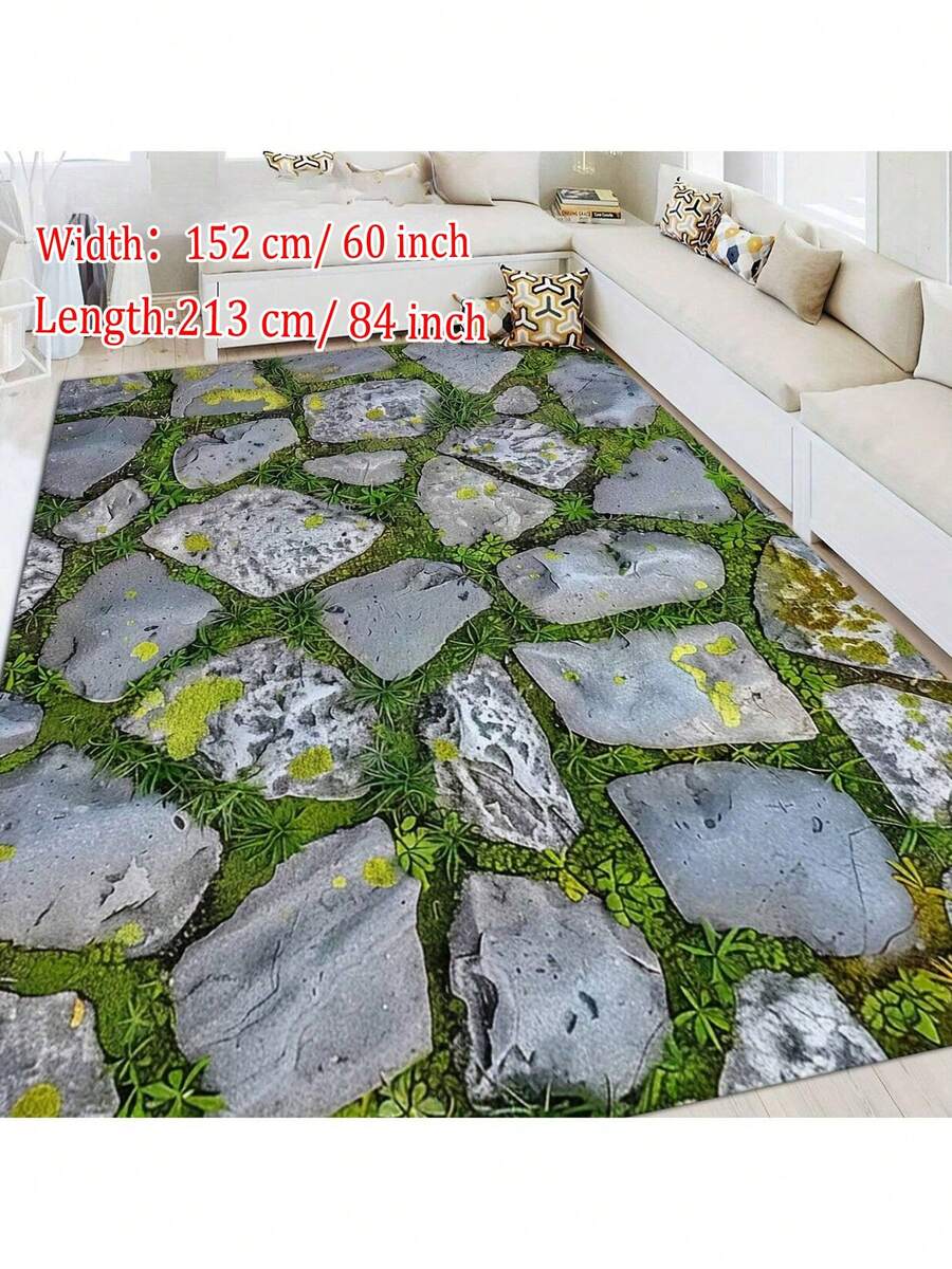 1pc Retro Modern Stone With Moss And Grass Design Area Rugs For Living Room, Floor Carpet For Bedroom, Carpets Home Decor Rugs, Homestay Hotel, Non-Slip Machine Washable Carpet, Home Decor Room Decor - Style 1 - View 1