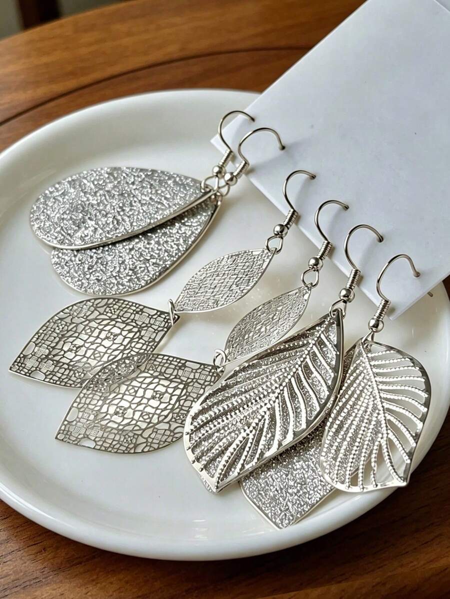 6 piezas Pendientes geométricos versátiles con hojas y gotas de agua, adecuados para cualquier ocasión - Plateado - Ver 1