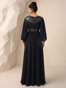 UNITHORSE Round Neck Lantern Sleeve Waist Cinched Sequin Patchwork Chiffon Evening Gown - Black - View 5
