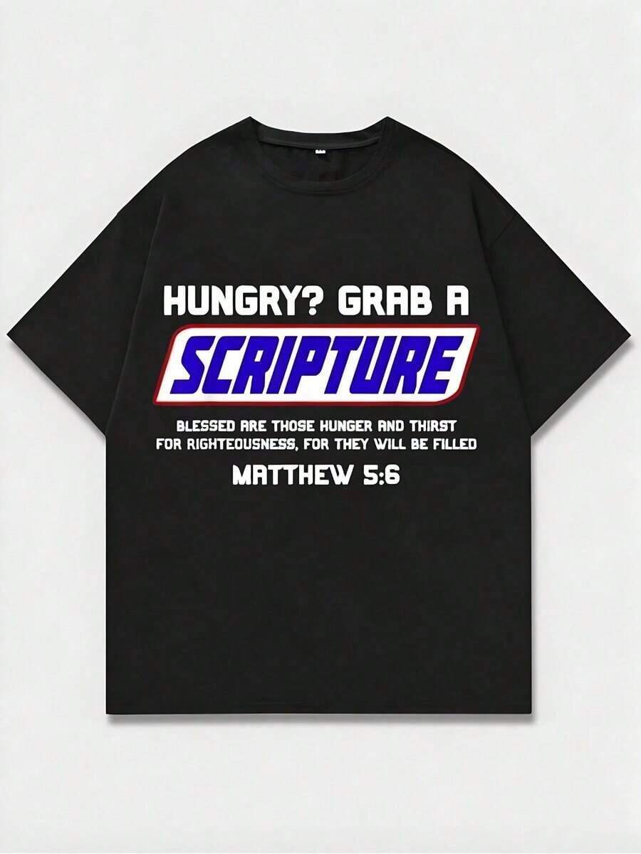 Black T-Shirt With "HUNGER?" GRAB A SCRIPTURE" And Bible Verse Text, Casual Print, Comfortable And Versatile, 220g Pure Cotton T-Shirt With Letter Pattern, Unisex Style - 黑色 - 查看 1