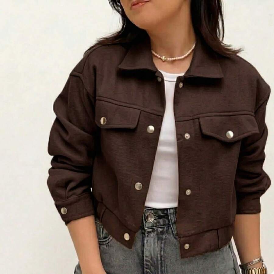 Women's Short Jacket With Long Sleeves And Buttons, Thick, Warm, And Soft Wool - Rust Brown - View 1