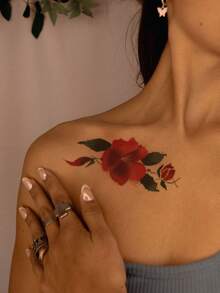 1 Tattoo Sticker, Chinese-Style Ink Red Rose Floral, Temporary Tattoo Sticker, Washable, PVC, Disposable, Waterproof And Sweatproof, For Arms, Waist, Abdomen, Back, And Legs, Non-Reflective, Realistic Tattoo, Suitable For People, For Daily Use, Lasts 3-5 Days - Multicolor - View 5