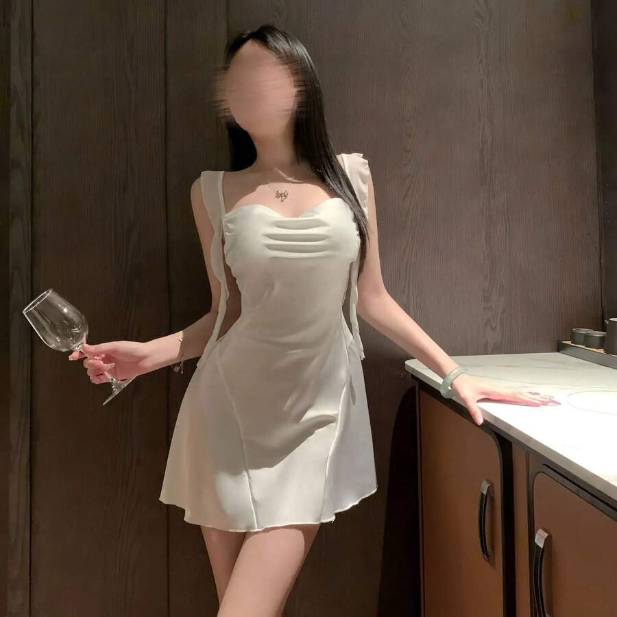 Nuevo camisón sexy ajustado para discoteca de encaje satinado de retazos de gasa rosa con tirantes para niña, uniforme de satén para el hogar, vestido qqny E7BX - Blanco - Ver 1