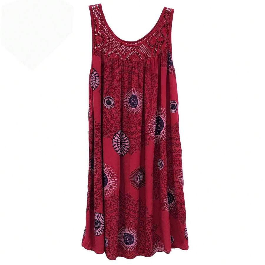 Ropa de mujer, vestido camisola sin mangas de verano con estampado de encaje sin mangas, vestido sexy holgado con vuelo grande, falda larga de talla grande - Rosa Roja - Ver 1