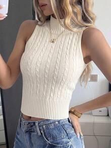 Débardeur élégant et décontracté en tricot beige à col montant pour femmes, convient pour la fête de la Mère et l'été, pull d'été en tricot - Nude - Voir 4