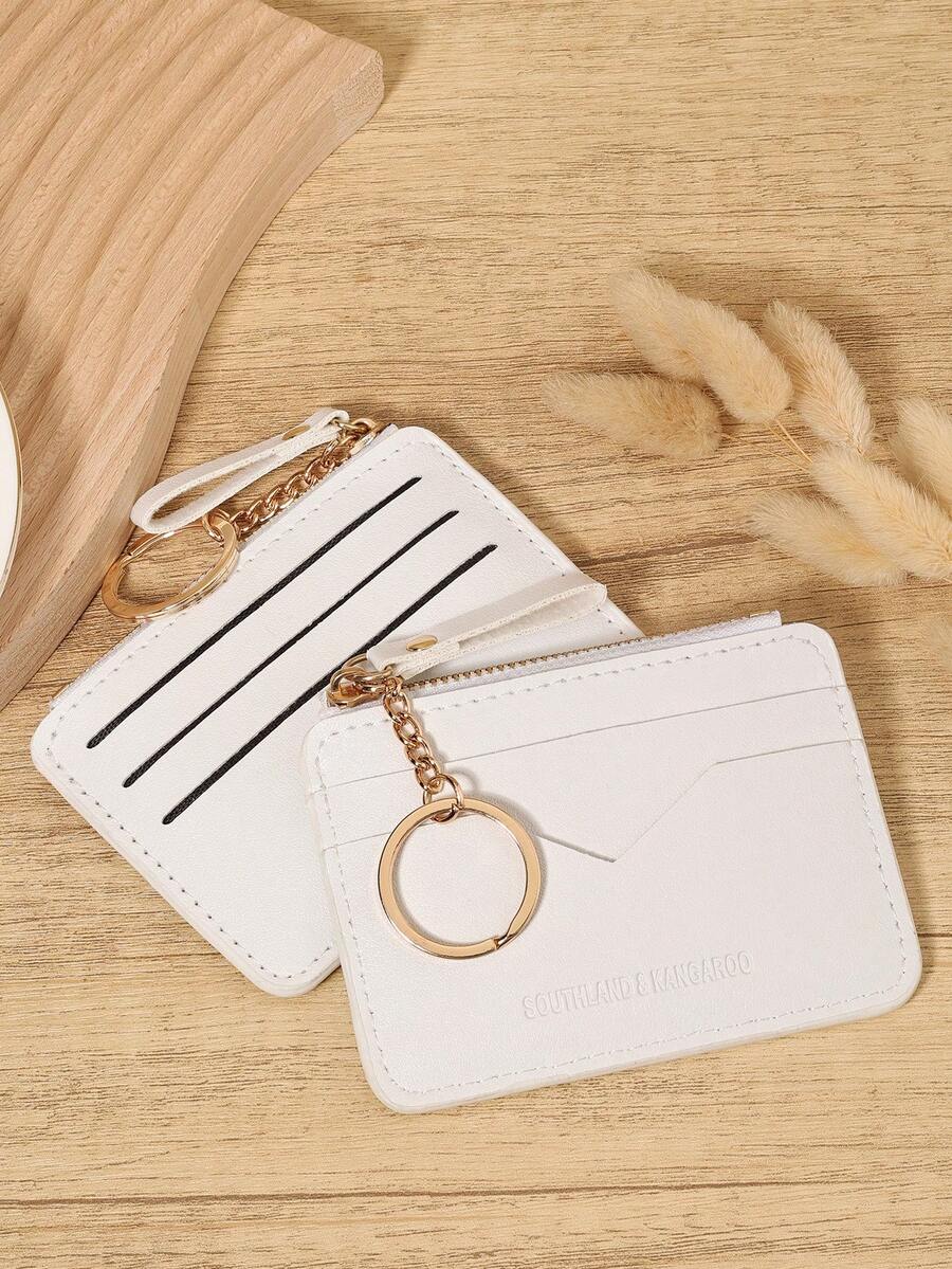 Cartera/Monedero minimalista de unicolor blanco, con cremallera y cadena, múltiples ranuras para tarjetas, bolsillo para monedas y ventana para identificación, compacto y delgado, unisex, para uso diario y viajes de compras