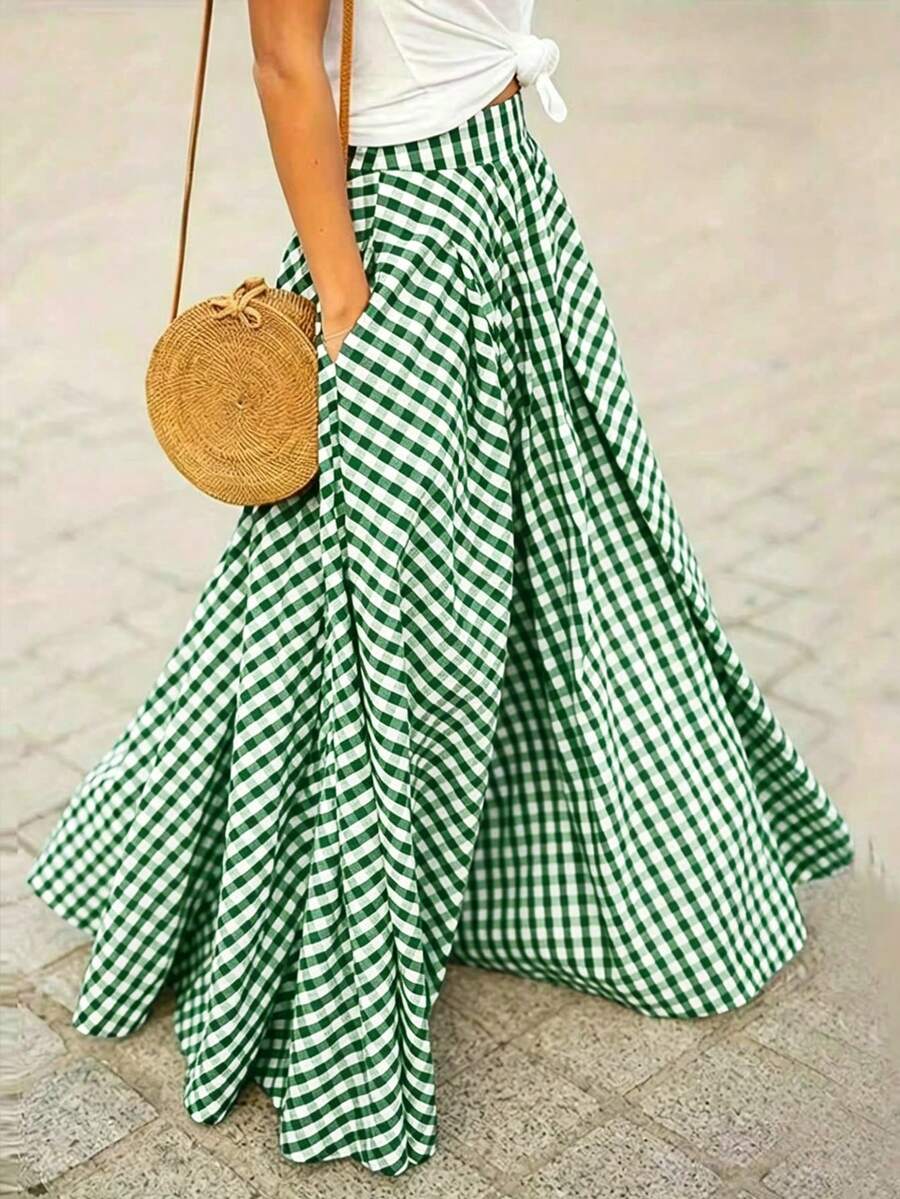 Rok Wanita Elegan Motif Kotak-kotak Panjang Sedang, Rok Berpinggang Tinggi dengan Ujung Mengembang, Cocok untuk Liburan Musim Semi/Panas