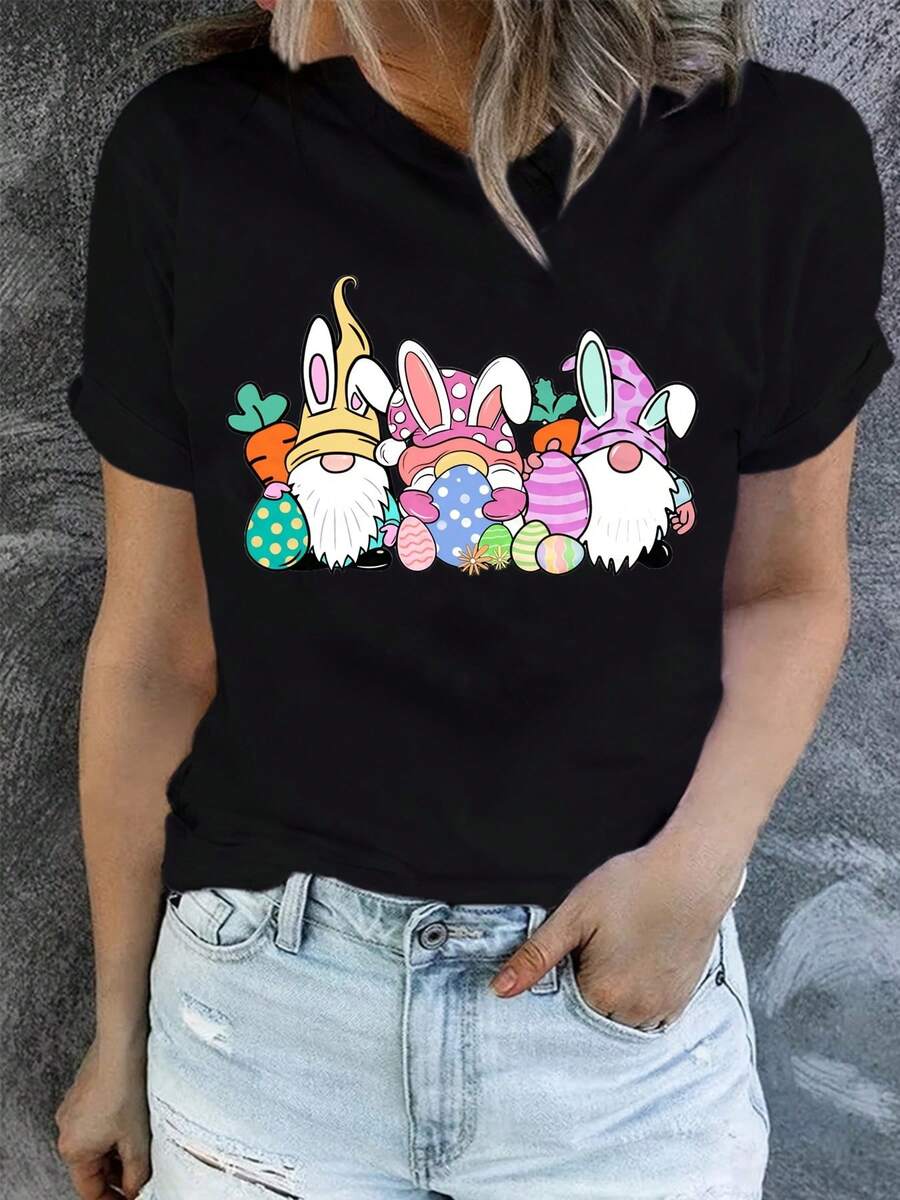 Women's Easter Bunny And Eggs Graphic T-Shirt, Casual Cotton Crew Neck, Soft And Comfortable Knit Fabric, Geometric Pattern, Summer Season, Regular Length, 100% Cotton, 180g/M² - 黑色 - 查看 1