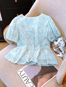 Blusa de mujer con escote en V bordada de estilo romántico francés de manga corta - Azul - Ver 7