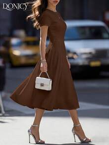 DONICY Women's White Textured Waist Belt Mid-Length Dress, Fashionable & Elegant For Spring/Summer, Suitable For Wedding Guest, Date, Casual Outing, Party - Coffee Brown - View 5