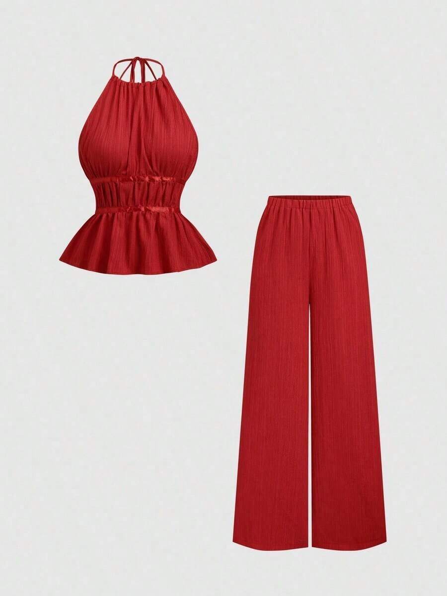 Conjunto de dos piezas para mujer estilo francés elegante color café, top halter de escote alto con tirantes finos, cintura fruncida y dobladillo peplum, combinado con pantalones anchos holgados de cintura elástica, tejido texturizado fresco y cómodo, ideal para uso diario, brunch, citas, salidas casuales, vacaciones y looks sofisticados de primavera y verano - Rojo - Ver 1