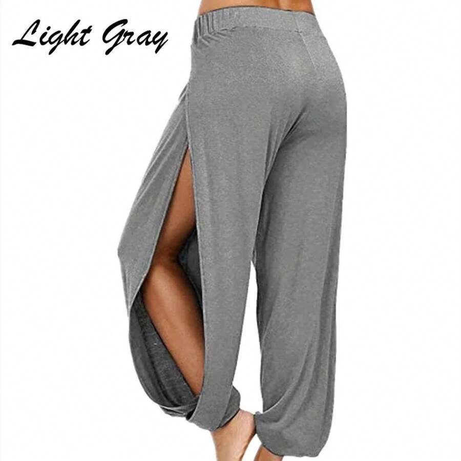 Pantalones Haren de verano con abertura larga para mujer, pantalones deportivos de Yoga, pantalones de pierna ancha holgados Hippie Harem lisos - Gris Claro - Ver 1