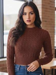 Women's Cropped Textured Knit Long Sleeve Ribbed Knit Top - Autumn/Winter Fashion - Rojo - Ver 3