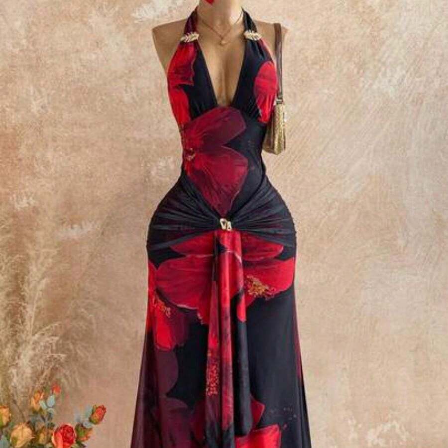 WYWH Spring/Summer New Casual Vacation Western Beach Wedding Guest Attire Graduation Brunch Dress, St. Patrick's Day Spring Break Easter Music Festival Elegant Boho Tropical Backless Metallic Decor Mesh Floral Print Valentine's Day Party Bow Tie Maxi Dress For Women Luau Dress Women Vacation Dinner Dress - Rojo - Ver 1