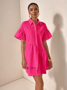 Vestido camisero verde de mujer, estilo casual con volantes, manga corta y cuello de camisa - Rosa Fucsia - Ver 6