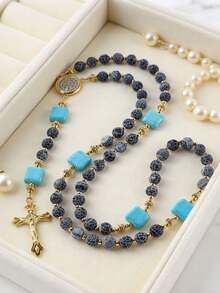 GO2CJBEADS 1pc Natural Cracked Stone Bead Necklace With Cross Pendant, Beaded Necklace Religious Prayer Accessory, Classic Vintage Religious Gift - Z0700P - View 7