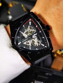 T-WINNER 1pc Fashion Sports Skeleton Automatic Mechanical Men's Watch, Rubber Strap, Business Casual Men's Watch - Black - View 8