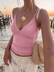 Áo camisole ren ôm sát, màu trơn, dây mảnh, hở lưng, kiểu dáng Y2K, phong cách đường phố, thích hợp cho lễ tốt nghiệp, đi biển mùa hè, hẹn hò, lễ hội âm nhạc, ngày Quốc khánh 4 tháng 7 và nhiều dịp thường ngày khác. Màu hồng - Hồng - Xem 5