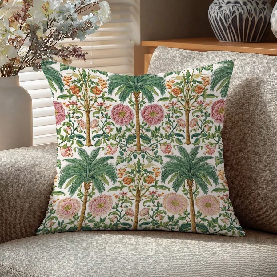 1 pièce Housse de coussin décorative à motif d'arbre de noix de coco rétro, imprimée sur un côté en velours doux pêche, 45*45CM/18*18 pouces. Housse de coussin pour la décoration de la pièce, tissu moderne pour canapé d'intérieur, décoration de fête, cadeau - Multicolore - Voir 1