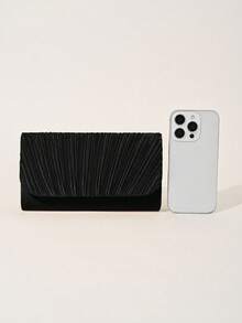 REMANLAND 1pc Black Satin Evening Clutch, Fashionable Korean Style Women's Metal Trim Elegant Party Handbag, Magnetic Closure, Shoulder Bag, Wedding Use - Black - View 7