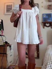 Women Y2k Babydoll Summer Tops Short Sleeve Square Neck Solid Color Puffed Blouse Fairy Grunge Loose Fit Shirts Casual Comfy Going Out Tops Vintage A-Line Ruffled Dresses Daily Shopping Office Travel Babydoll Dress Beach Vacation Sundress Flowy Swing A Line Dress Going Out Dresses - trắng - Xem 6
