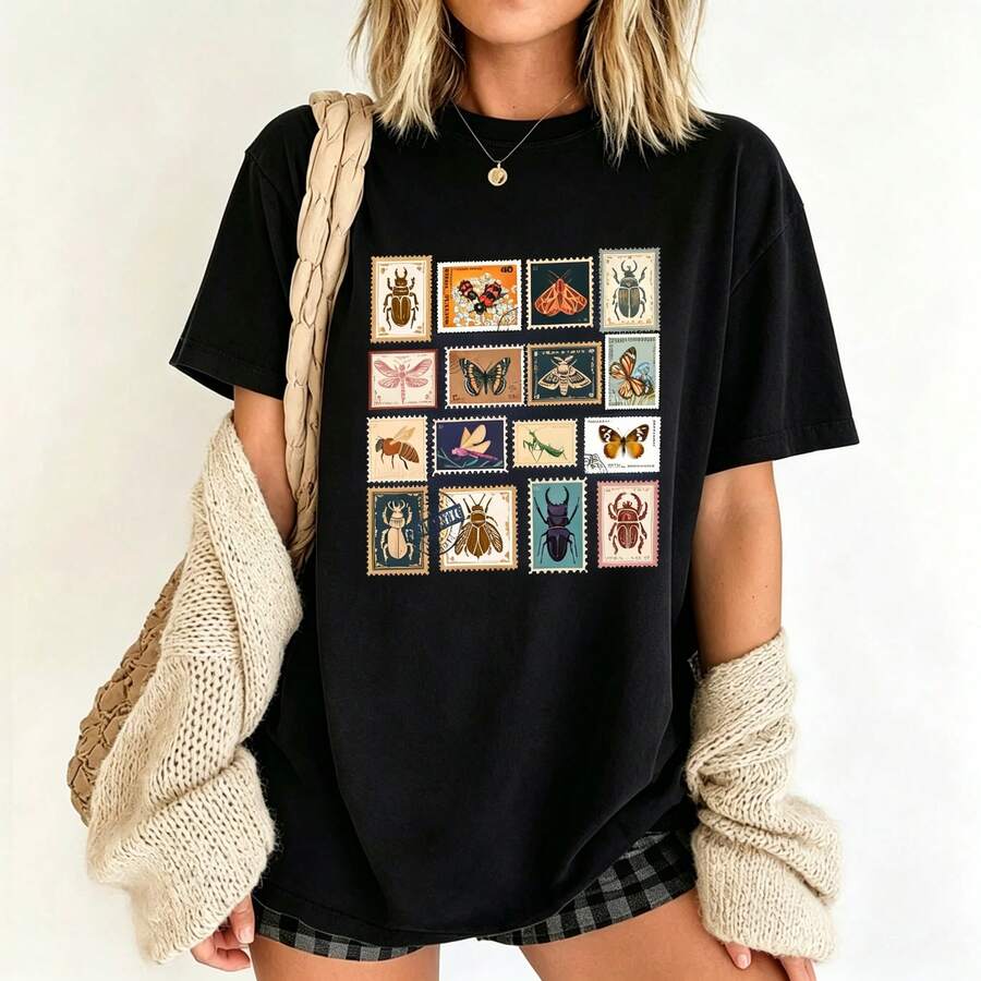 Vintage Insect Stamps Shirt Bug Lover Tee Entomology Shirt Nature Aesthetic Insect Lover T-shirt beetle gift ideas Insect T-shirt biology - Negro - Ver 1