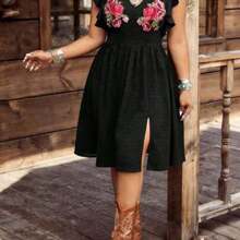 Plus Size Women Jacquard Applique Split Hem Vacation Dress Cowgirl Dress Women Country Dress For Women Black Western Dress Black Summer Dress Women Plus Size Western Dress Black Vacation Dress Black Floral Dress - Negro - Ver 1