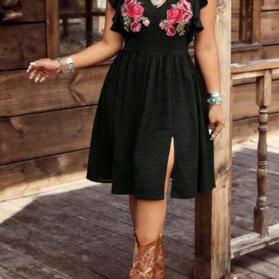 Plus Size Women Jacquard Applique Split Hem Vacation Dress Cowgirl Dress Women Country Dress For Women Black Western Dress Black Summer Dress Women Plus Size Western Dress Black Vacation Dress Black Floral Dress - Negro - Ver 1