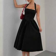 Women's Halter Neck Backless Dress Slim Fit Solid Color Summer Bodycon Mini Dress - Black - View 5