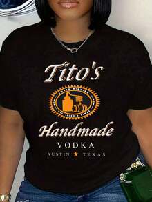 Women Plus Size T Shirt Tito's Handmade Vodka Logo Print Short Sleeve Round Neck Casual Summer Party Wear 220g - 黑色 - 查看 1