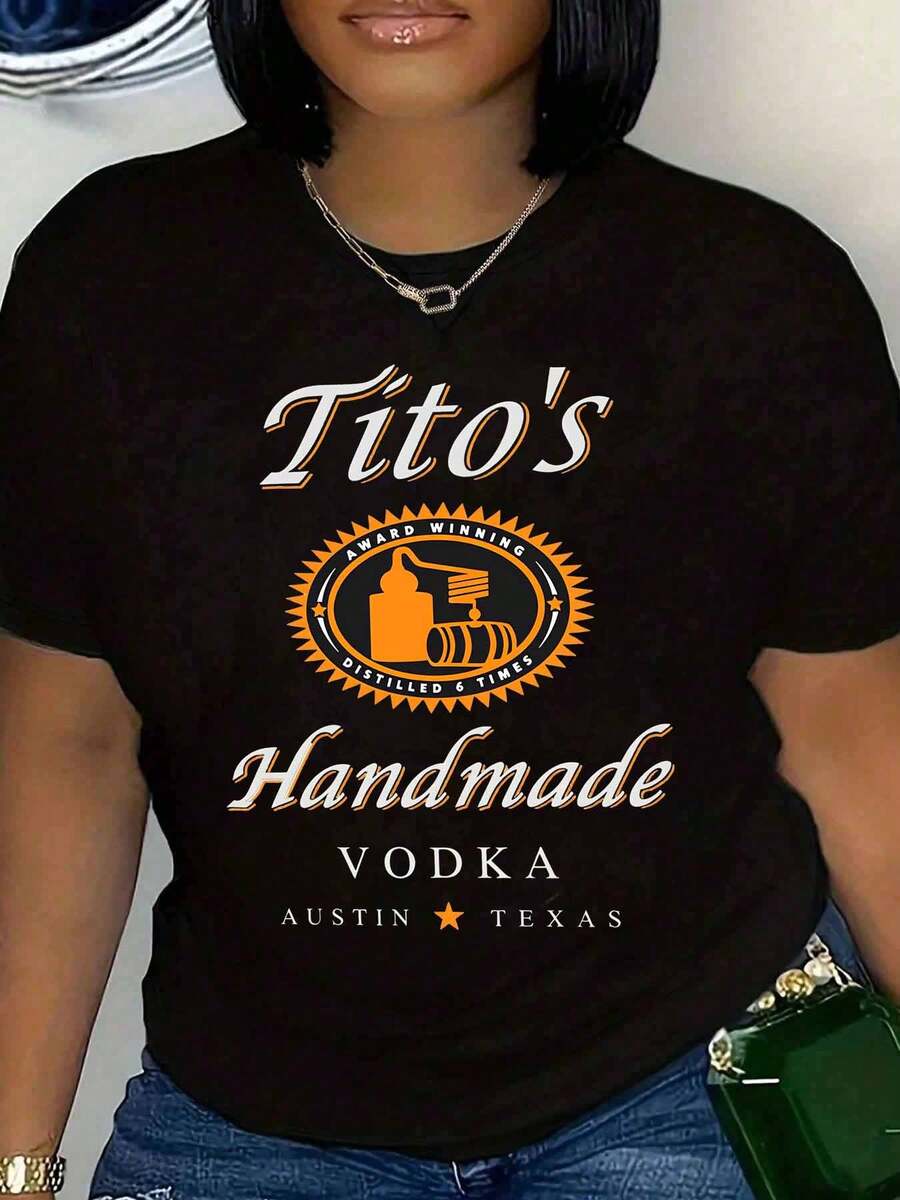 Women Plus Size T Shirt Tito's Handmade Vodka Logo Print Short Sleeve Round Neck Casual Summer Party Wear 220g - 黑色 - 查看 1