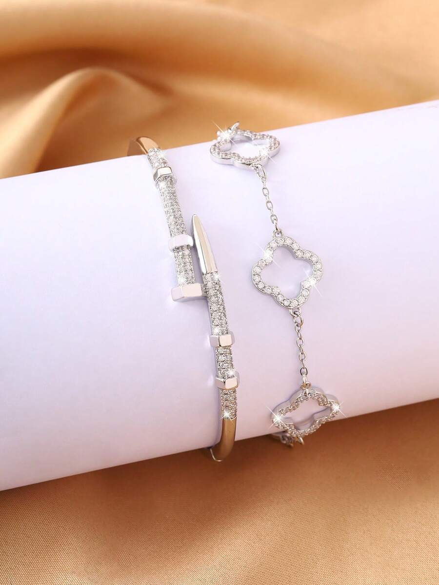 2pcs/Set Nail Bangle + Four-Flower Bracelet, Micro-Inlaid Zirconia, Luxury Elegant Versatile For Commuting & Dating - White - View 1