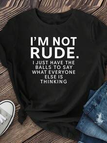 Women's Short-Sleeved Cotton T-Shirt With "I'm NOT RUDE" Print, Women's Clothing, Fashion Styles, Round Neck T-Shirts, Summer Clothes For Ladies. - 黑色 - 查看 2