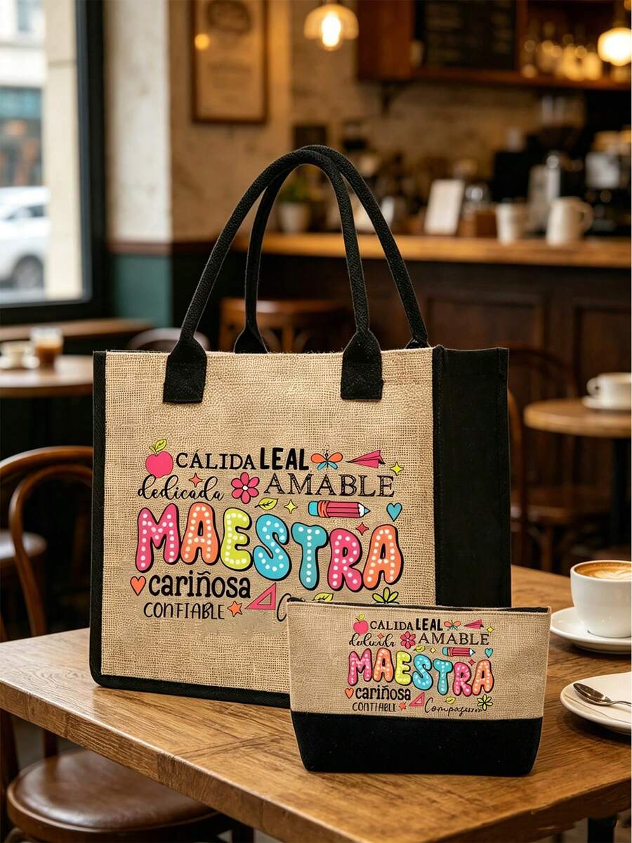 Large Capacity Linen Tote Bag With Minimalist Cosmetic Bag & Coin Purse, Colorful "Maestra" Letter Print Pattern, Fashion Women's Canvas Handbag, Portable Casual Storage Bag, Multifunctional Shopping Bag, Innovative Design, Large Capacity, Suitable For Shopping, Commuting, Students Back To School, Beach, Vacation, Mother's Day, Summer, Back To School Gift - Multicolor - View 1