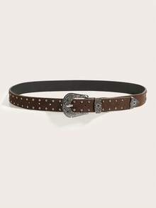 1 pieza Cinturón de cuero con textura de leche y hebilla de estilo vaquero occidental para mujer, adecuado para uso diario - Marrón - Ver 3