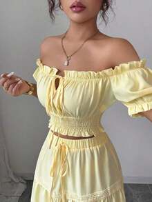 Conjunto de dos piezas para mujer color amarillo claro sólido, top corto de hombros descubiertos con mangas abullonadas y lazo, falda larga tipo A con detalles de encaje y cordón, estilo elegante, juvenil y versátil, ideal para primavera, verano, vacaciones, eventos, salidas y uso diario - Negro - Ver 9