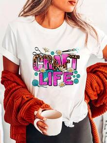 2026CRAFT LIFE Printed Round Neck T-Shirt, Casual Short Sleeve T-Shirt, Suitable For Spring And Summer, Printed T-Shirt For Women. - 白色 - 查看 1