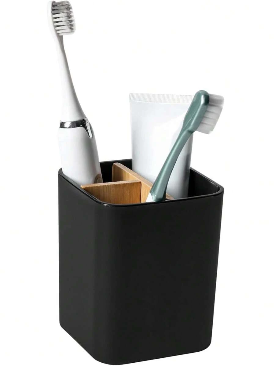 3-Slot/5-Slot Bathroom Storage Box, Suitable For Toothbrush, Toothpaste Storage, Compatible With Electric Toothbrush, Children's Toothbrush, Floss And Razor, Countertop Placement, Modern Minimalist Bathroom Accessory. 1pc Bamboo Wood Toothbrush Holder With 5-Slot Removable Divider