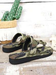 New Fashionable Camouflage Flat Sandals For Women, Comfortable Beach Sandals - màu xanh lá - Xem 5