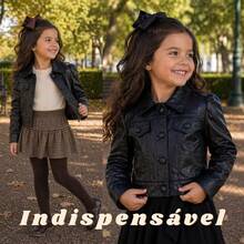 Girls' Black Faux Leather Puff Sleeve Jacket, Blogger Style, Sizes 2 To 10 Years - 黑色 - 查看 2