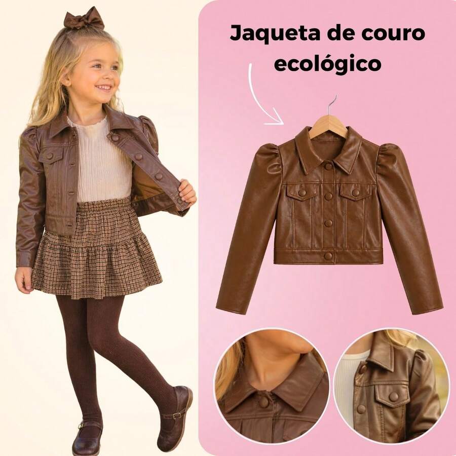 Girls' Black Faux Leather Puff Sleeve Jacket, Blogger Style, Sizes 2 To 10 Years - Marrón Chocolate - Ver 1
