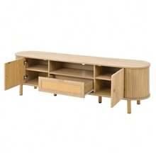 Modern TV Stand With Rattan Drawers With Open Compartments, Rounded Top, Metal Legs With Wood Look, Multifunctional Living Room Furniture. - Natural Color - View 10