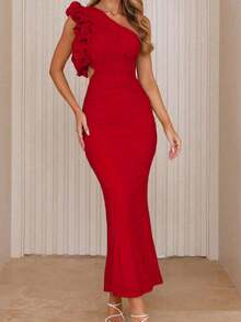 Women's Elegant One-Shoulder Red Long Dress With Ruffle Trim, Suitable For Weddings, Galas, Cocktail Parties, Sexy - Red - View 8