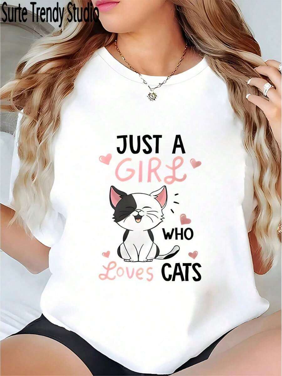 Women's Oversized T-Shirt - Graphic Design Of A Smiling Face And A Person Who Loves Cats, Breathable, Loose Fit, Short Sleeve, Round Neck, Washable, Casual Summer And Spring Wear, Vacation Outfit, Weekend Style, Relaxed Fit T-Shirt, Comfortable To Wear, Stylish Print, Printed T-Shirt, For Pet Lovers, Festival Clothing, Suitable For Spring, Summer And Autumn. - 白色 - 查看 1