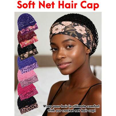Soft Crochet Net Hair Cap With Floral Leopard Print Headband, Stretchy Breathable Hair Snood, Comfort Sleep Hair Wrap For Women, Hair Protection Bonnet Soft Hair Snood With Headband For Night Use
