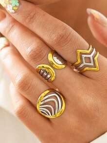 Uself 3 piezas/1 pieza Anillos ajustables de acero inoxidable enchapado para mujeres, joyería vintage, joyería de estilo occidental, marca para damas, regalo de vacaciones, hipoalergénico y resistente a la decoloración - Multicolor - Ver 5
